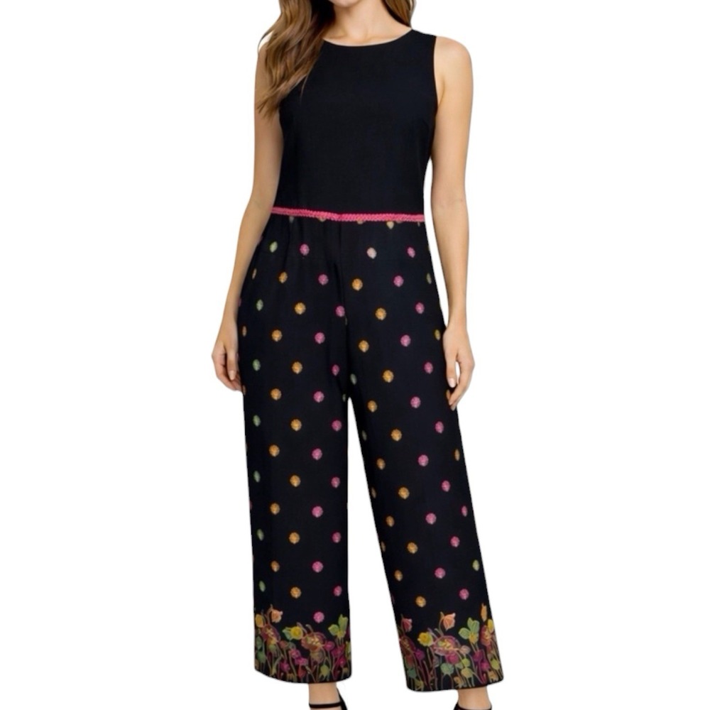 Vtg  SHARON YOUNG Crop Pant & Top Set Size 8 Black w/ Embroidered Flowers USA